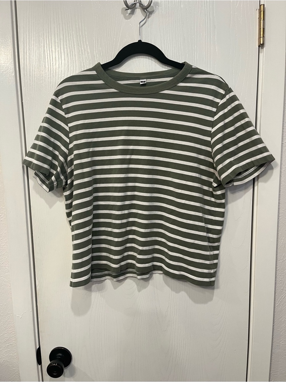 Uniqlo Olive Green Ivory Striped Cotton Cropped Crop Top Tee Shirt Size XL
